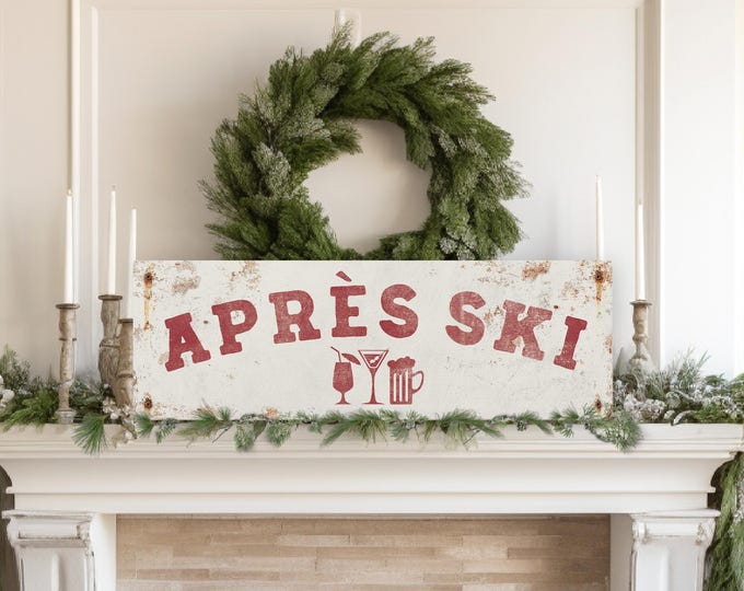 Rustic Fireplace Art, Cream Weathered Wall Decor, Cabin Hostess Gift, APRÈS SKI Print