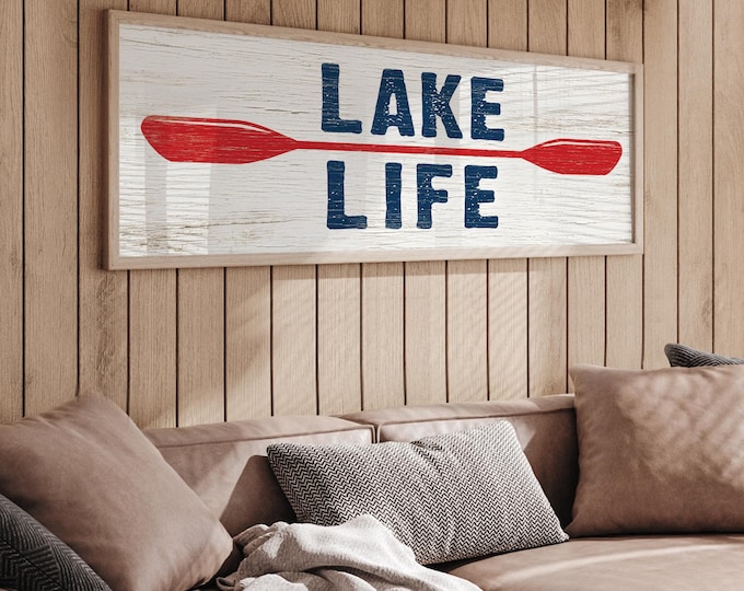 Paddle Wall Art, Lake Life Sign, Navy Letters and Red Oar on Whitewash Print