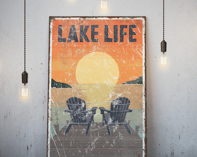 Adirondack Sign, Burnt Orange Sunset Lake Life Wall Art, Navy Dock Chairs Cabin Gift