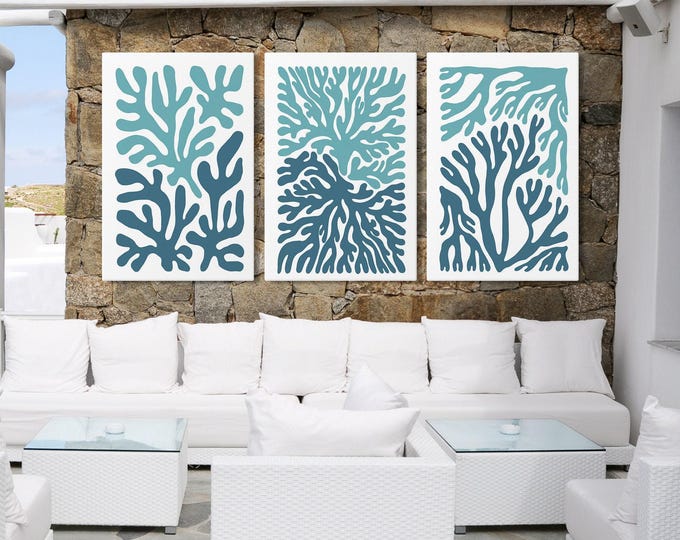 Coral Reef Triptych Wall Art: Beach House Decor, 3-Piece Set