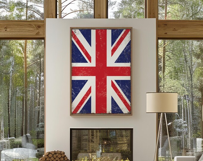 Vintage British Flag Farmhouse Decor, Black Framed Canvas Print