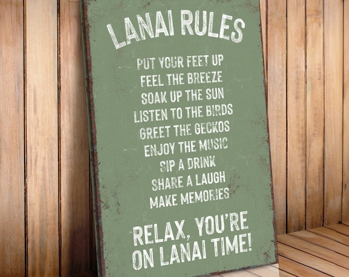Lanai Rules, Seagrass Green Wall Art, Cream Weathered Lettering, Rust Edges, Patio Gift