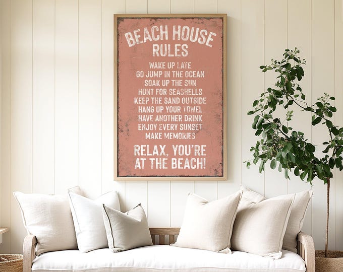 Beach Rules Sign: Vintage Coral Print - Rustic Cabin Wall Decor