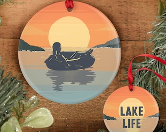 Sunset LAKE LIFE Ornament with Woman on Tube, Lake Life Christmas Ornament, Gift for Lake Lover, Gift for Her, Porcelain or Aluminum • 05
