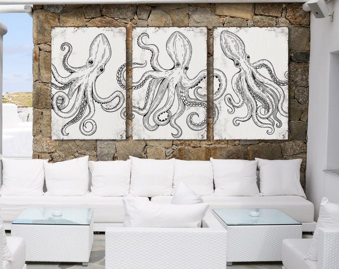 Octopus 3 Piece Set, Retro Canvas Triptych, Black On White Artwork, Beach House Wall Decor, Floater Frame Canvas, Outdoor Friendly Display