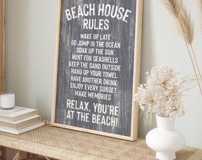 Beach House Rules Sign: Slate Gray Print - Faux Wood Rustic Style