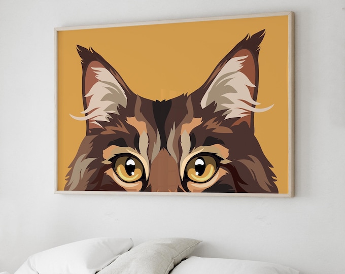 Pet Lover Gift, Brown Tabby Maine Coon Wall Print, Wide Mustard Yellow Feline Art