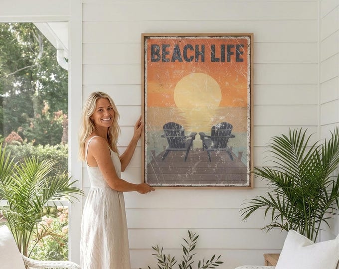 Beach Life Vintage Dock Chairs Poster, Coastal Birthday Gift