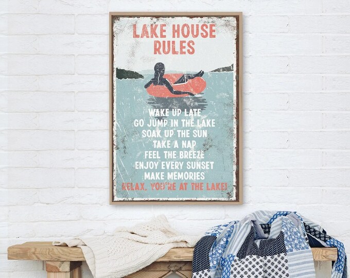 Mom Gift Idea, Sage and Coral Go Jump in the Lake Rules Sign, Cabin Decor