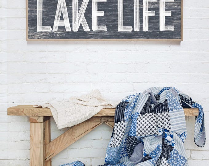 Farmhouse Style Lake Life Sign, Charcoal and White Horizontal Wall Art, Cabin Gift