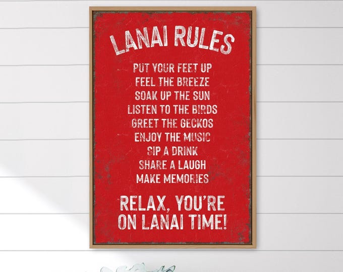 Lanai Rules Sign, Rustic Red Pool House Art, Outdoor Swimming Patio Decor