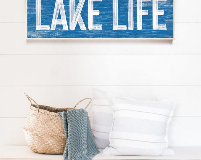 Paper Wall Hanging, Lake Life Cobalt Blue Typography Sign, Long Cabin Decor for Her