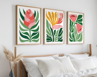 Tropical Blocks Triptych Wall Art, Bird of Paradise, Colorful Jungle Flowers, Canvas Print Set, Abstract Boho Wall Art, 3 Piece Set • 405