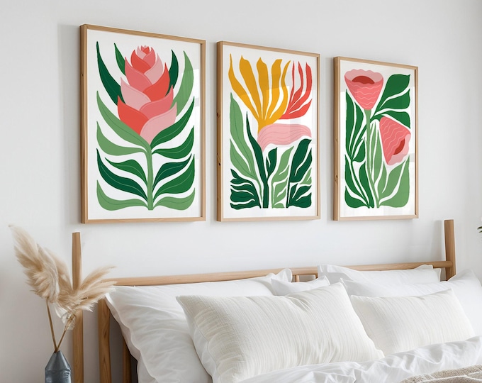 Tropical Blocks Triptych Wall Art, Bird of Paradise, Colorful Jungle Flowers, Canvas Print Set, Abstract Boho Wall Art, 3 Piece Set • 405