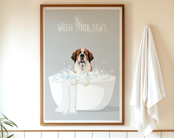 Saint Bernard Wash Your Paws Bathroom Wall Art, Calm Pet Decor
