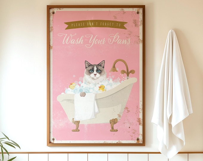 Ragdoll Cat Wash Your Paws Bathroom Wall Art, Sweet Pet Decor