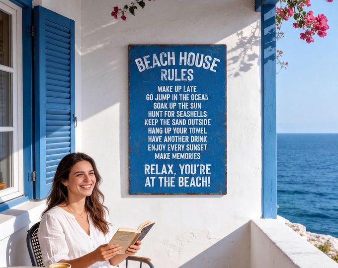 Beach House Rules Sign, Ocean Blue Coastal Wall Art, Vintage Vacation Rental Decor