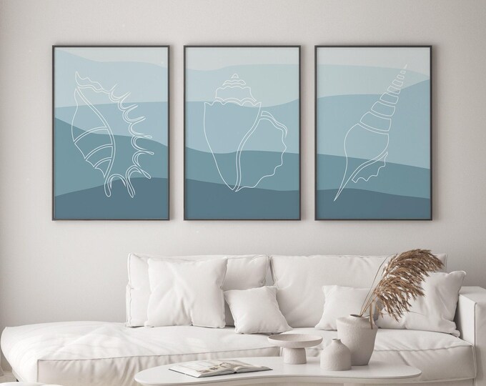 Seashells Art Triptych, White Line Shells on Ombre Blue, 3 Piece Coastal Bathroom Wall Set