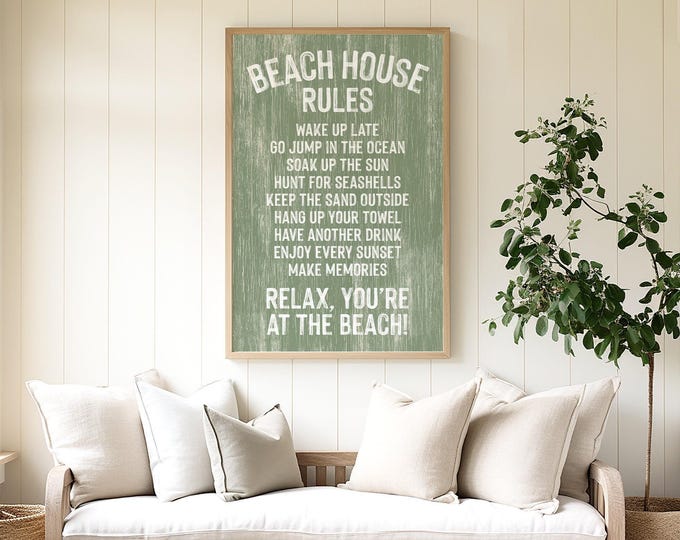 Vintage Beach House Rules Sign, Seagrass Green White Decor, Rustic Coastal Plaque, Distressed Wood Wall Hanging, Vacation Gift