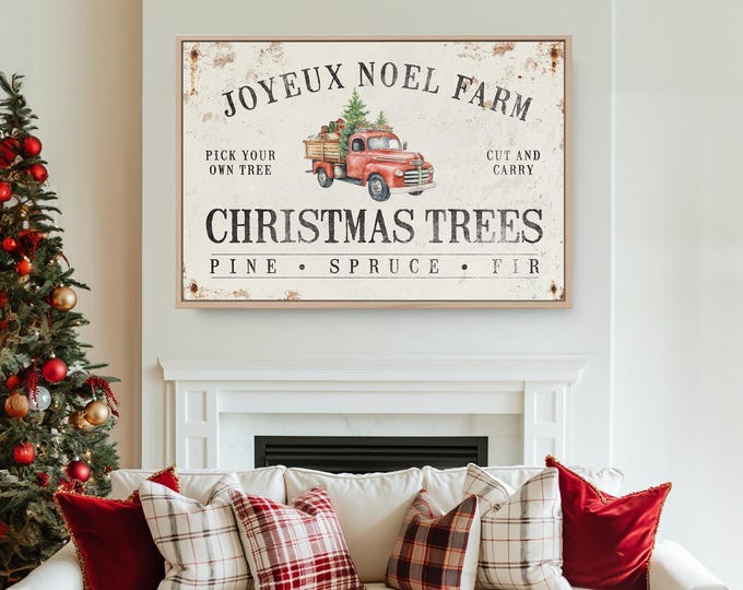 Tree Gift, Joyeux Noel Farm Pick Your Own Sign with a Vintage Red Pickup on Worn Cream