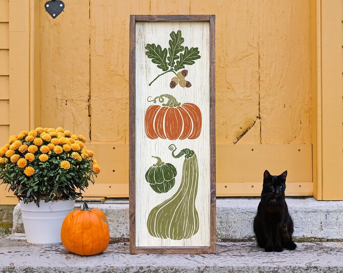 Tall Vertical Fall Harvest Sign, Pumpkin Decor for Porch, Metal Outdoor Option Available, Large Fall Porch Sign, Pumpkin, Acorns, Gourds, 07