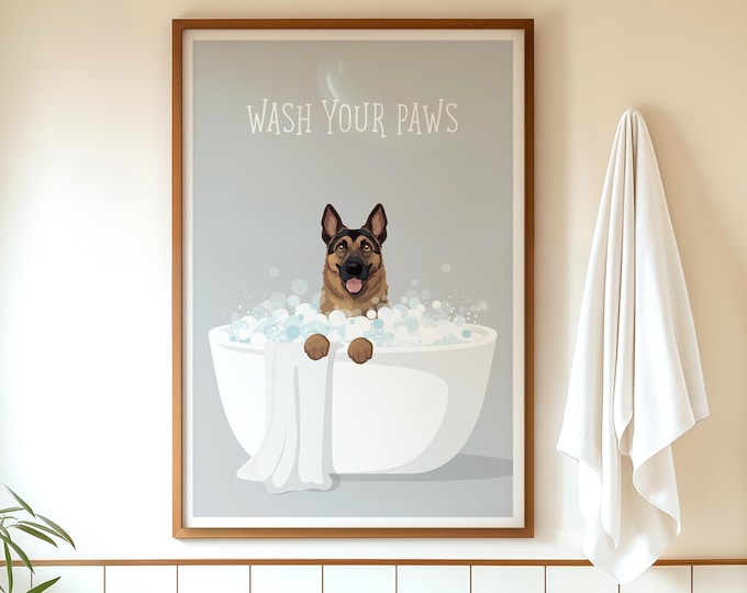 German Shepherd Wash Your Paws Bathroom Wall Art, Calm Pet Decor