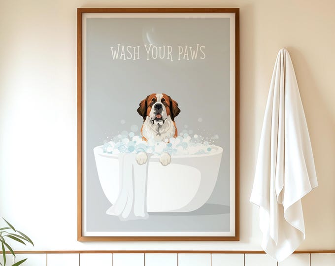 Saint Bernard Bath, Canine Friend Art, Dog Mom Gift, Playful Pet Wall Print, Funny Bubble Bath Poster, Minimalist Farmhouse Decor