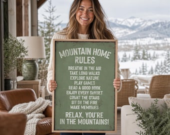 Mountain Home Rules Sage Green Lodge Wall Art, Breathe In The Air, Cabin Gift
