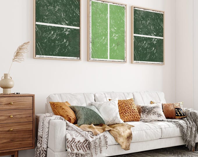 Forest Green Canvas, Pickleball Triptych Wall Art, White Court Lines, 3 Piece Framed Set