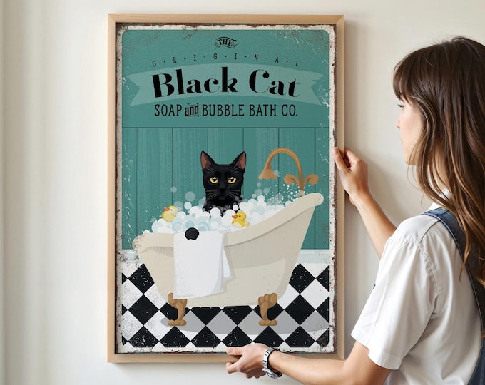Bathroom Wall Art: Vintage Black Cat - Cozy Farmhouse Style