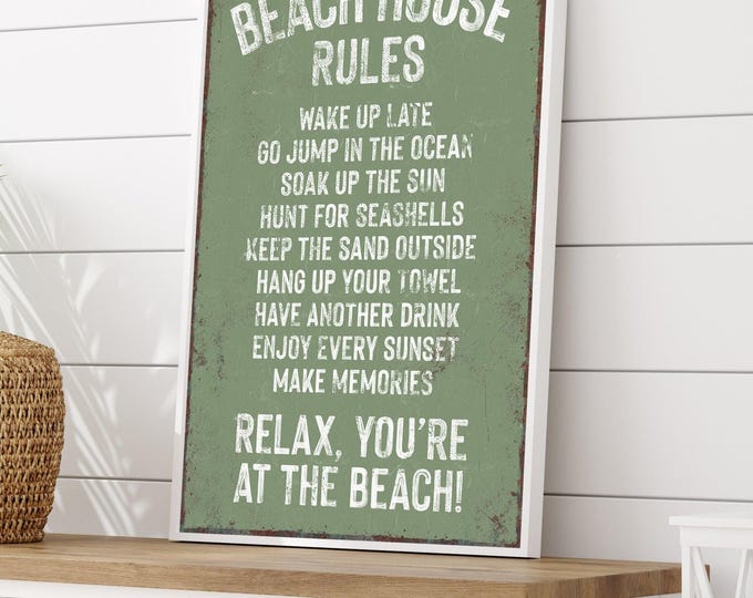 Sage Beach Sign, Seagrass Green House Rules Print, Vintage Coastal Rental Decor