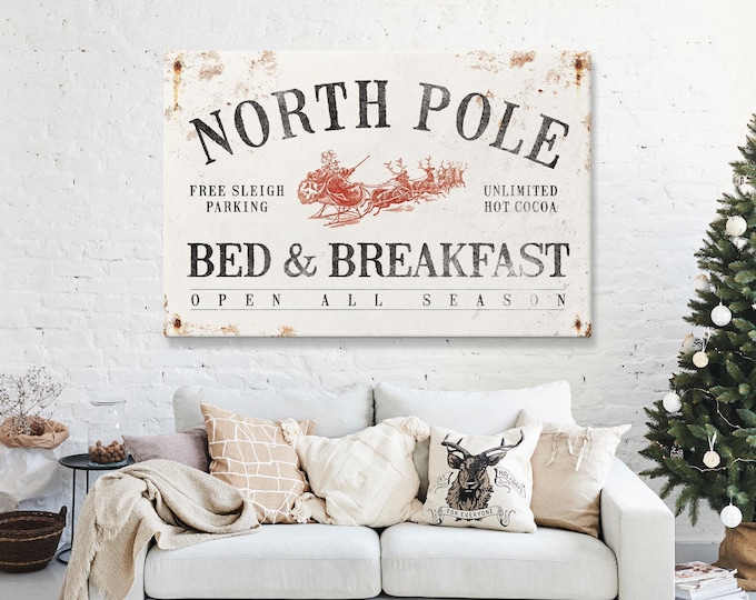 North Pole Bed and Breakfast Sign, Rustic Maple Frame (Christmas Wall Art)