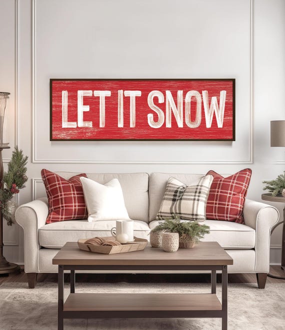 Cozy Winter Art, Let It Snow Sign, Barn Red Farmhouse Wall Print, Cabin Lodge Decor