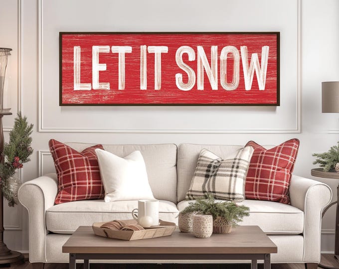 Cozy Winter Art, Let It Snow Sign, Barn Red Farmhouse Wall Print, Cabin Lodge Decor