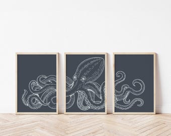 Octopus Art Triptych, White Line Drawing on Charcoal, Vintage Nautical Print Set of 3