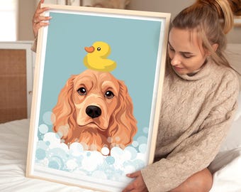 Dog Bathroom Print: Cocker Spaniel and Yellow Rubber Duck (Canvas or Paper)