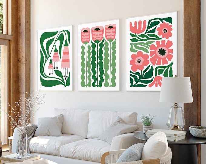 Botanical Decor, Bold Pink and Green Matisse Flower Triptych, Guest Room Gift for Her