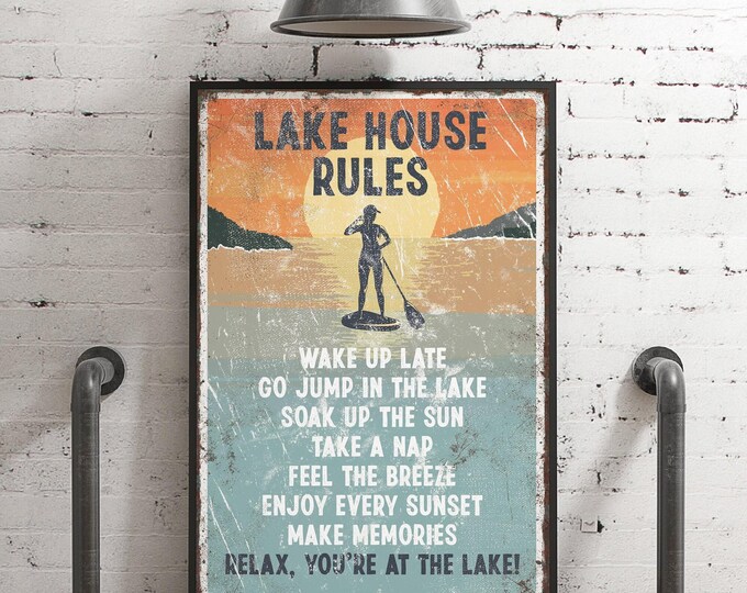 Retro Lake House Sign, Paddleboard Sunset Scene (Canvas or Metal)