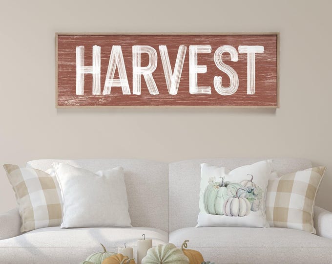 Harvest Sign in Clay Brown, faux weathered wood, seasonal wall art, harvest wall decorations, vintage farmhouse, long horizontal wall art