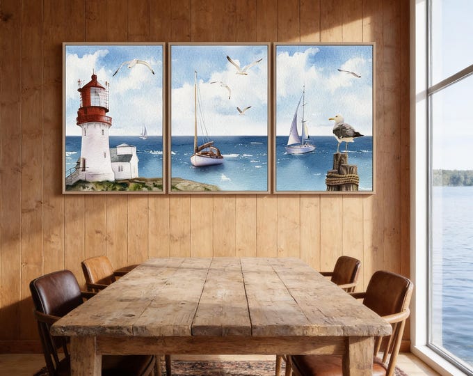 Lighthouse Wall Art Red White Blue Coastal Triptych Sailboat Decor