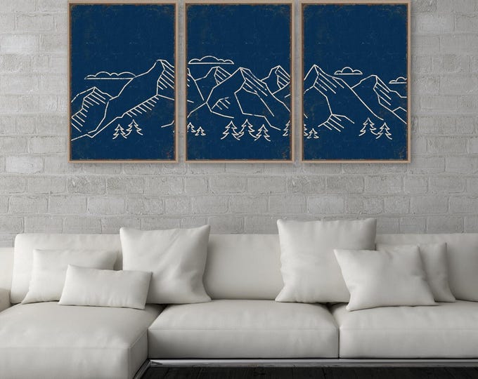Modern Mountain Landscape Triptych, Beach House Lodge Office Decor