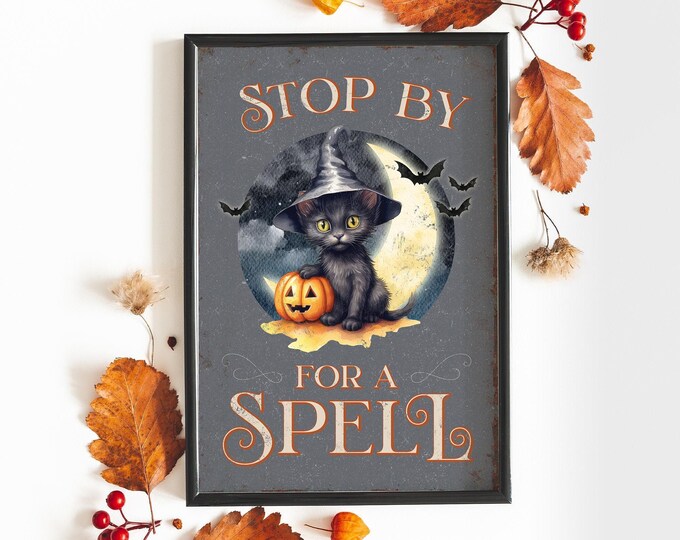 Framed Cat Decor, Gray Kitten in Witch Hat Halloween Print
