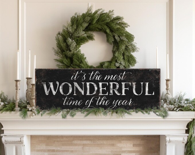 Most Wonderful Time Sign, Vintage Black and White Christmas Wall Art
