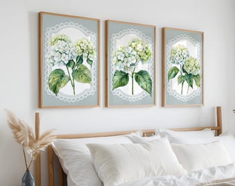 ニュートラルなアジサイの三連画 – レースボーダーの花柄ウォールアート
