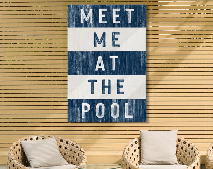 Nautical Canvas Pool Sign, Navy White Stripes (Outdoor Wall Art)