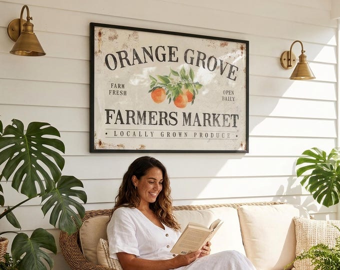 Orange Grove Farmers Market Sign, Vintage Farm Fresh Art, Kitchen Gift for Mom