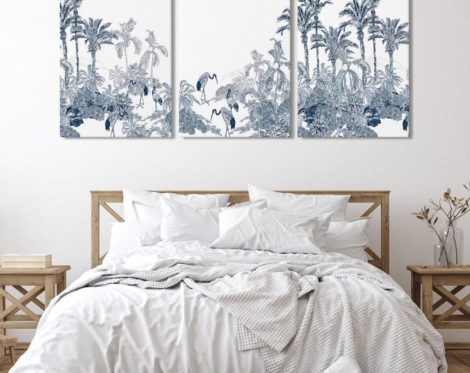 Tropical Panorama Triptych, Nautical Toile Guest Bedroom, Office Wall Art