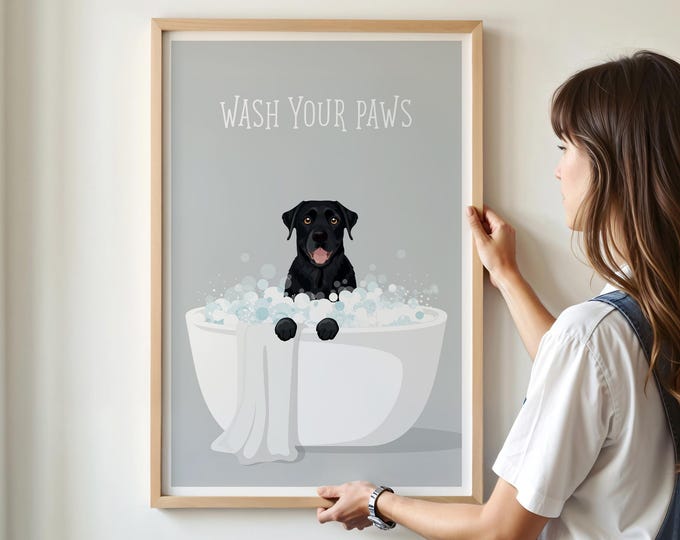 Black Lab Bath, Labrador Canine Art, Dog Mom Gift, Minimalist Wall Print, Funny Bathroom Decor, Farmhouse Gray Poster for Pets