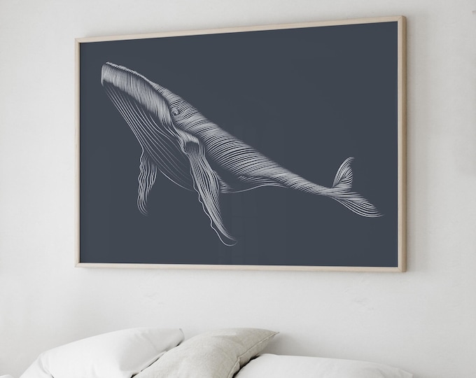 Beach House Style Whale Wall Art, White Line Engraving on Hale Navy, Coastal Landscape Print