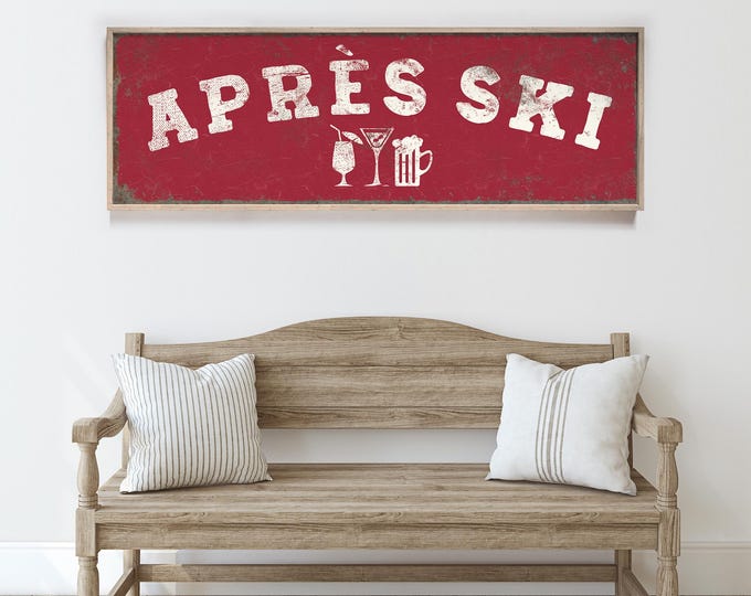 Apres Ski Sign: Dark Red Rustic Lodge Bar Decor